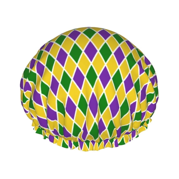 Disketp Mardi Gras Purple Yellow Plaid Shower Caps,Reusable Shower Cap For Women, Double Layer Waterproof Hair Cap, Large Size For All Hair Lengths,For Girls Spa Home Salon Use
