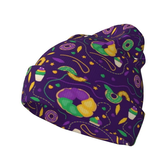Disketp Mardi Gras and Donuts Winter Beanie for Men Women Beanie Knit Hat Cuffed Cap Beanie Knit Chunky Snow Cap