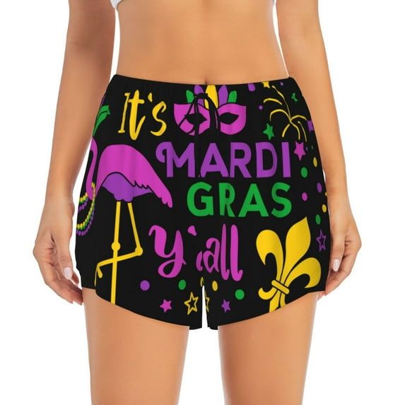 Disketp Mardi Gras with Flamingo Print Women's Shorts Workout Shorts for Athletic Gym Running Shorts with Phone Pockets Small