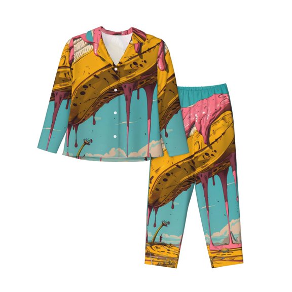 Disketp Melting Banana Fantasy Pajamas Set Long Sleeve Sleepwear Womens Button Down Nightwear Pj Sets-{designName}-Small