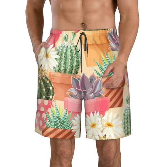 Disketp Men'S Swim Trunks Hawaiian Breathable Surf Beach Swimsuits Mesh Lining Beach Shorts With Pockets-High Detail Succulent And Cactus Seamless Patternsss