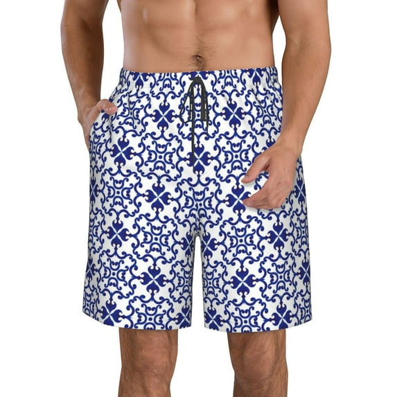Disketp Men'S Swim Trunks Hawaiian Breathable Surf Beach Swimsuits Mesh Lining Beach Shorts With Pockets-Blue And White Porcelain Chinaware
