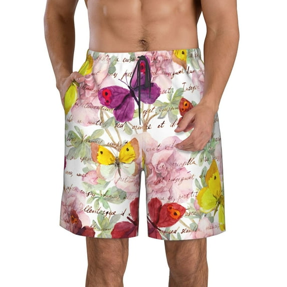 Disketp Men'S Swim Trunks Hawaiian Breathable Surf Beach Swimsuits Mesh Lining Beach Shorts With Pockets-Butterflies And Vintage