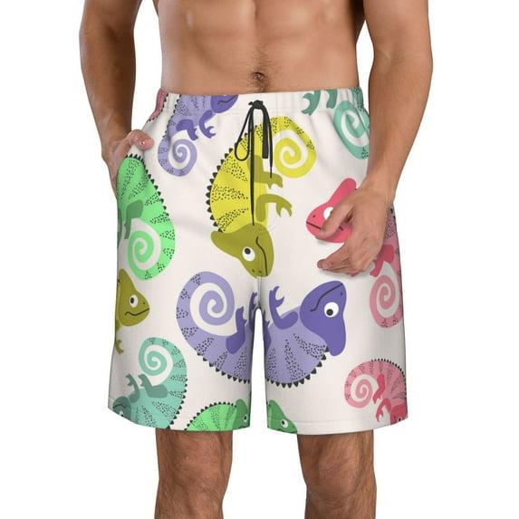 Disketp Men'S Swim Trunks Hawaiian Breathable Surf Beach Swimsuits Mesh Lining Beach Shorts With Pockets-Colorful Pattern With Cute Chameleons