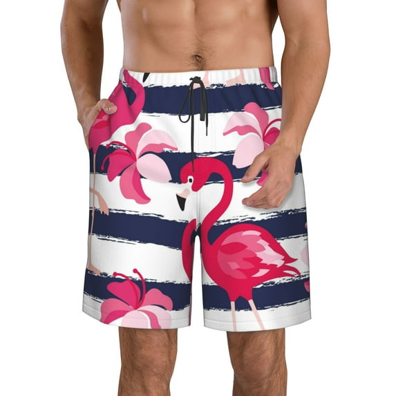 Disketp Men'S Swim Trunks Hawaiian Breathable Surf Beach Swimsuits Mesh Lining Beach Shorts With Pockets-Dark Blue Stripes And Pink Flamingos