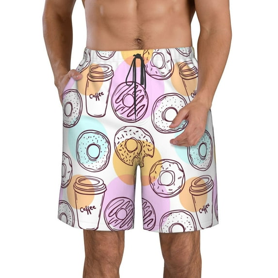 Disketp Men'S Swim Trunks Hawaiian Breathable Surf Beach Swimsuits Mesh Lining Beach Shorts With Pockets-Donuts And Coffee