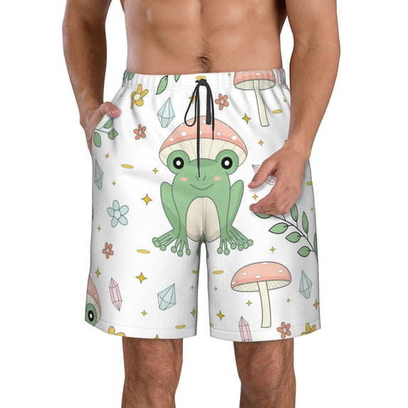 Disketp Men'S Swim Trunks Hawaiian Breathable Surf Beach Swimsuits Mesh Lining Beach Shorts With Pockets-Frog And Mushrooms