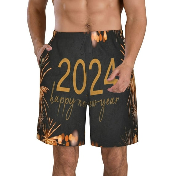 Disketp Men'S Swim Trunks Hawaiian Breathable Surf Beach Swimsuits Mesh Lining Beach Shorts With Pockets-Happy New Year 2024
