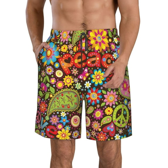 Disketp Men'S Swim Trunks Hawaiian Breathable Surf Beach Swimsuits Mesh Lining Beach Shorts With Pockets-Hippie Peace Love