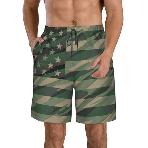 Disketp Men'S Swim Trunks Hawaiian Breathable Surf Beach Swimsuits Mesh Lining Beach Shorts With Pockets-Jungle Green Camo Usa Flag