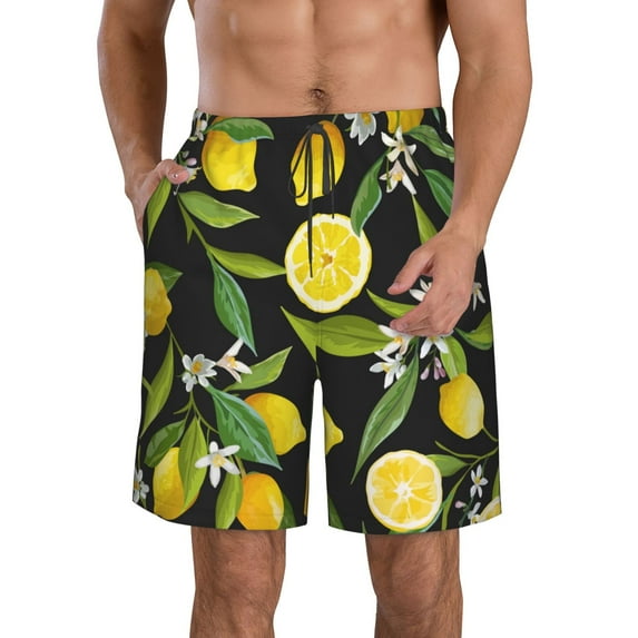 Disketp Men'S Swim Trunks Hawaiian Breathable Surf Beach Swimsuits Mesh Lining Beach Shorts With Pockets-Lemon Fruits Flowers Leaves