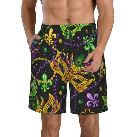 Disketp Men'S Swim Trunks Hawaiian Breathable Surf Beach Swimsuits Mesh Lining Beach Shorts With Pockets-Mardi Gras Surface