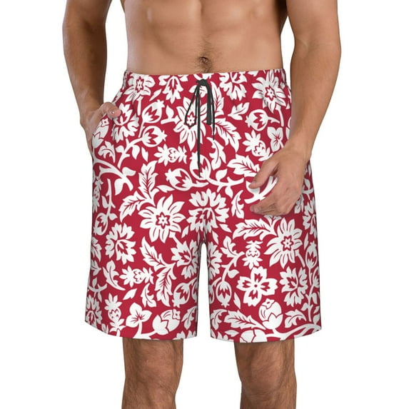 Disketp Men'S Swim Trunks Hawaiian Breathable Surf Beach Swimsuits Mesh Lining Beach Shorts With Pockets-Red Flowers