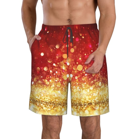 Disketp Men'S Swim Trunks Hawaiian Breathable Surf Beach Swimsuits Mesh Lining Beach Shorts With Pockets-Red Gold Glitter
