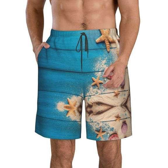 Disketp Men'S Swim Trunks Hawaiian Breathable Surf Beach Swimsuits Mesh Lining Beach Shorts With Pockets-Shells And Starfish