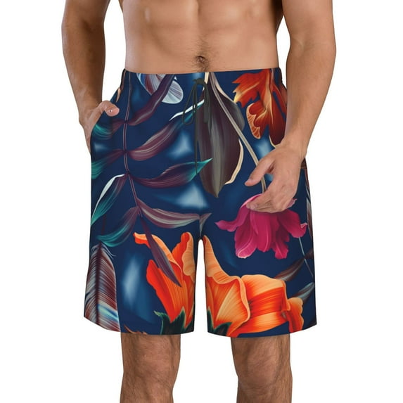 Disketp Men'S Swim Trunks Hawaiian Breathable Surf Beach Swimsuits Mesh Lining Beach Shorts With Pockets-Tropical Flower