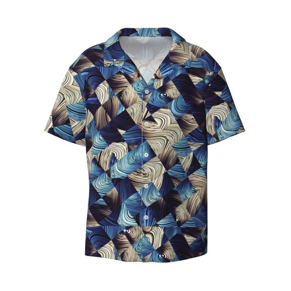 Disketp Men's Hawaiian Abstract Blue Squares Print Shirts Button Down Holiday Beach Shirts-XX-Large