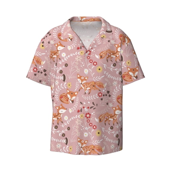 Disketp Men's Hawaiian Beautiful Fox Print Shirts Button Down Holiday Beach Shirts-Small