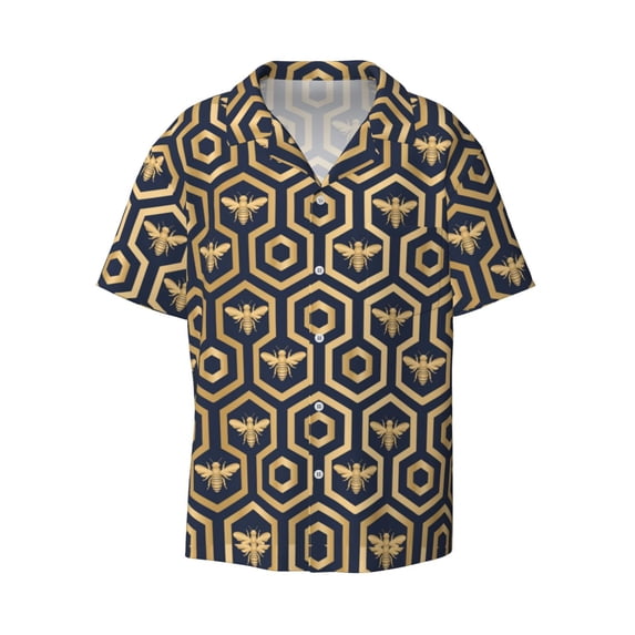Disketp Men's Hawaiian Bee Hive Hexagon Print Shirts Button Down Holiday Beach Shirts-X-Large