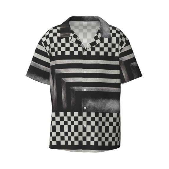 Disketp Men's Hawaiian Black and White Checkerboard Trap Print Shirts Button Down Holiday Beach Shirts-X-Large