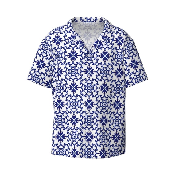 Disketp Men's Hawaiian Blue And White Porcelain Chinaware Print Shirts Button Down Holiday Beach Shirts-Large