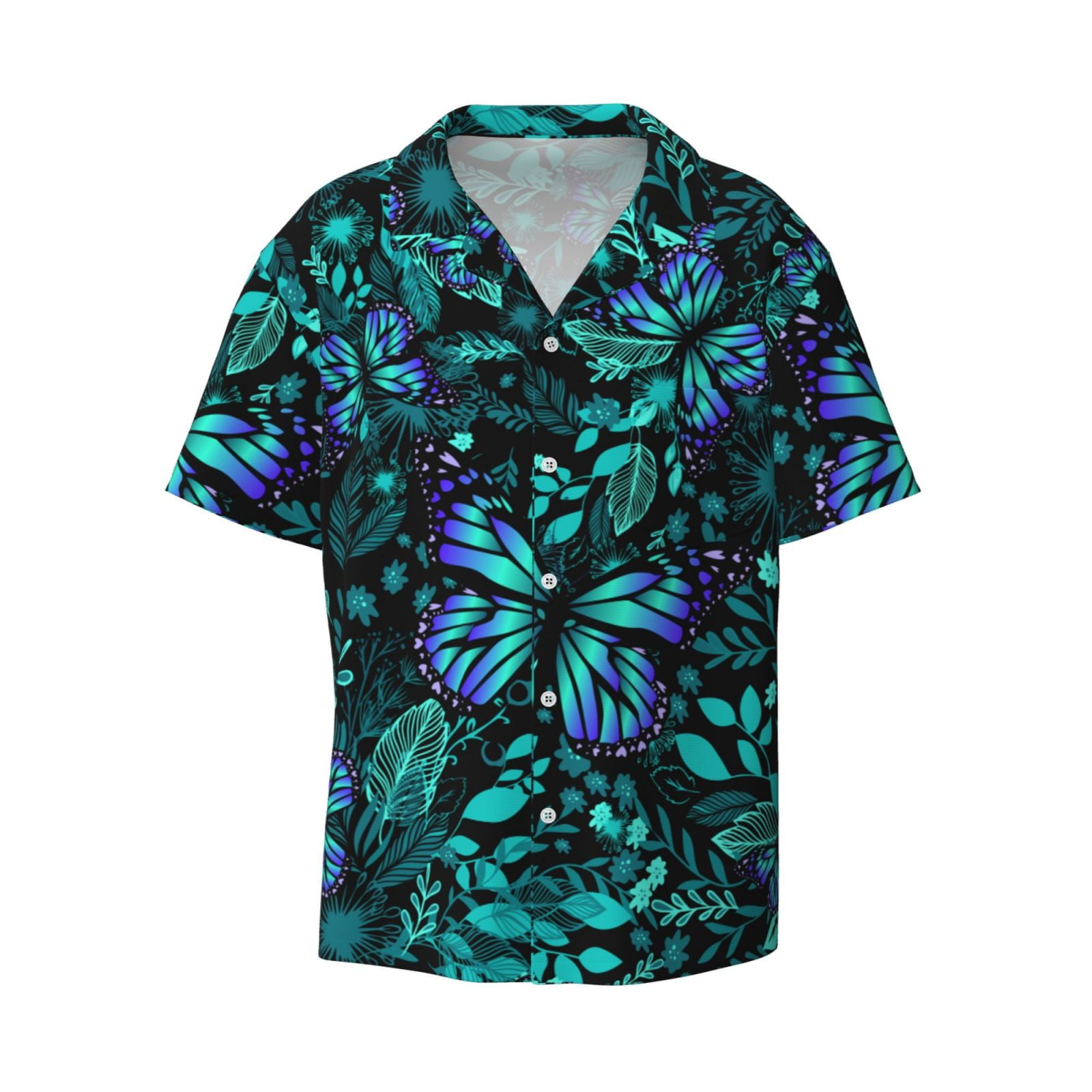 Disketp Mens Hawaiian Blue Floral With Butterflies Print Shirts Button Down Holiday Beach 8261