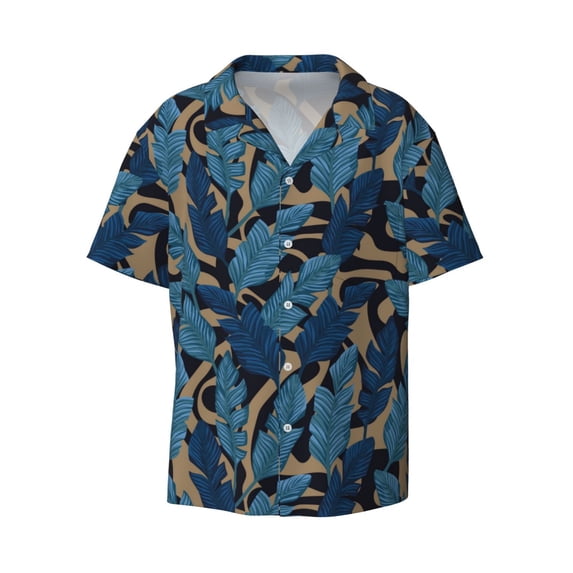 Disketp Men's Hawaiian Blue Leaves A Print Shirts Button Down Holiday Beach Shirts-Small