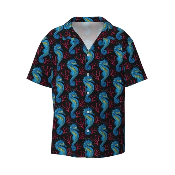 Disketp Men's Hawaiian Blue Seahorse Print Shirts Button Down Holiday Beach Shirts-X-Large