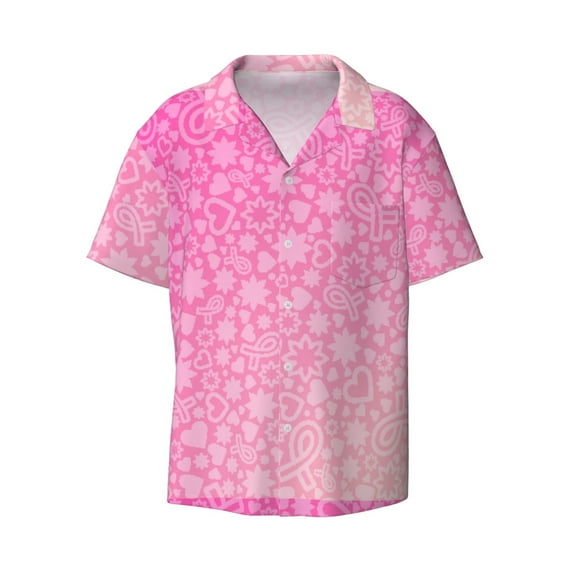 Disketp Men's Hawaiian Breast Cancer Pink Ribbons Awareness Print Shirts Button Down Holiday Beach Shirts-Small