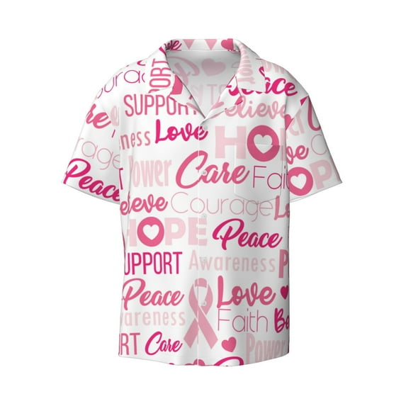 Disketp Men's Hawaiian Breast Cancer Pink Ribbons Awareness Print Shirts Button Down Holiday Beach Shirts-X-Large