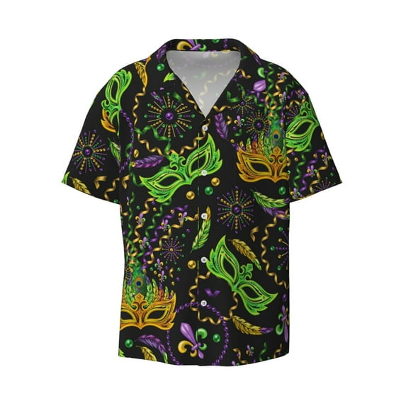 Disketp Men's Hawaiian Carnival Mardi Gras3 Print Shirts Button Down Holiday Beach Shirts-Large
