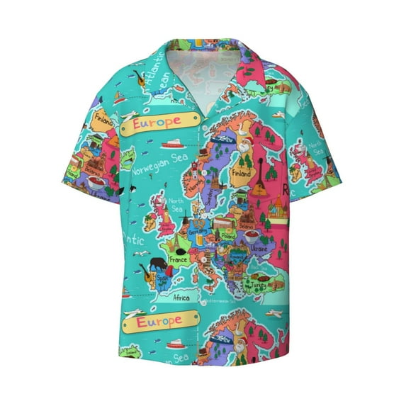 Disketp Men's Hawaiian Cartoon Map Of Europe Print Shirts Button Down Holiday Beach Shirts-3X-Large