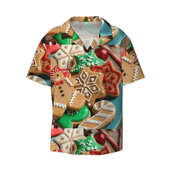 Disketp Men's Hawaiian Christmas Cookies Print Shirts Button Down Holiday Beach Shirts-Small