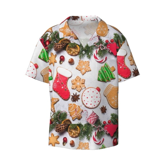 Disketp Men's Hawaiian Christmas Gingerbread Cookies Print Shirts Button Down Holiday Beach Shirts-Medium