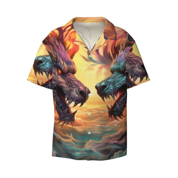 Disketp Men's Hawaiian Colorful Wave Dragon Head Print Shirts Button Down Holiday Beach Shirts-Large