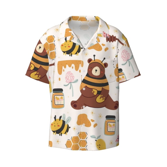 Disketp Men's Hawaiian Cute Bee Honey Jar Hive Bear Print Shirts Button Down Holiday Beach Shirts-Large