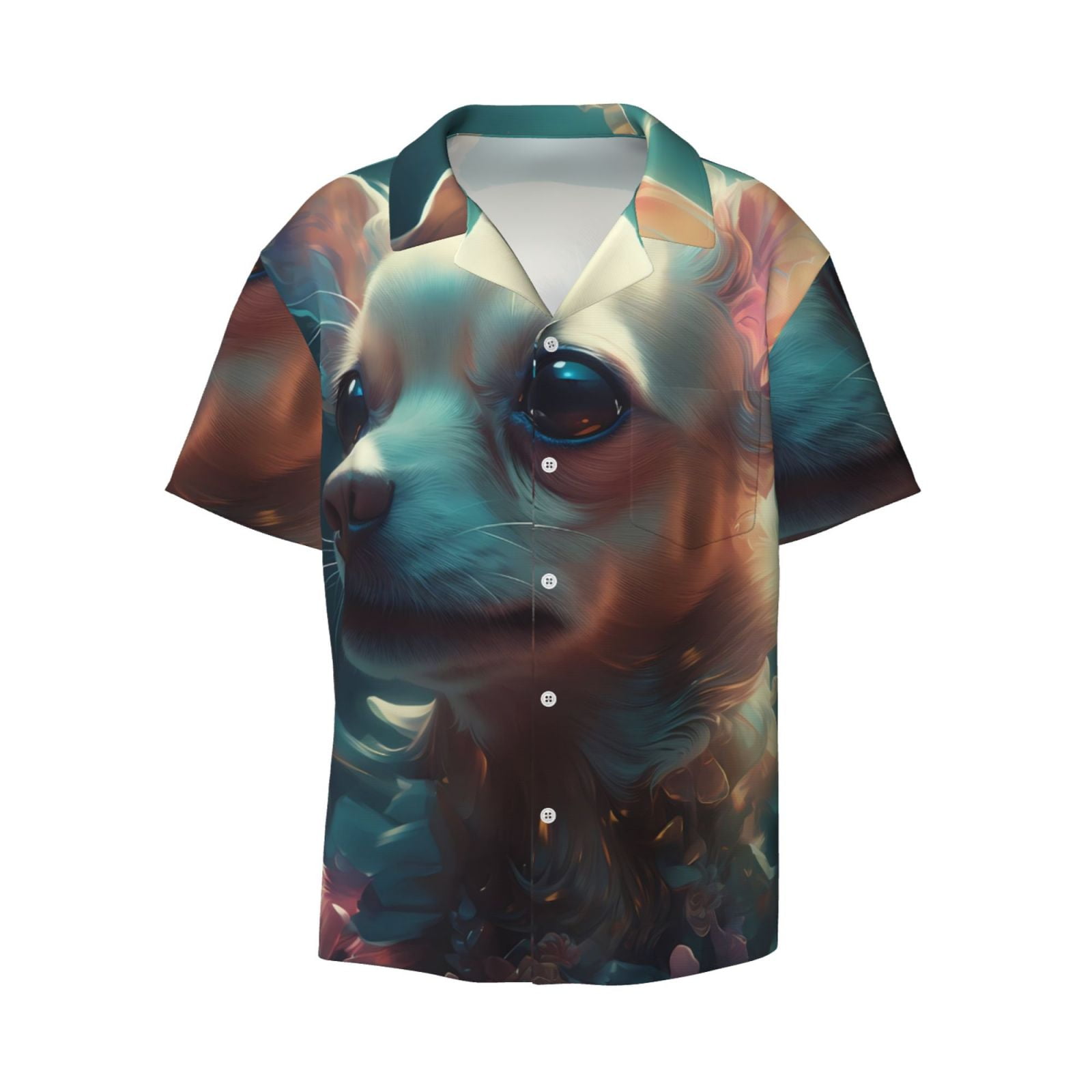 Disketp Men's Hawaiian Cute Flower Chihuahua Puppy Print Shirts Button