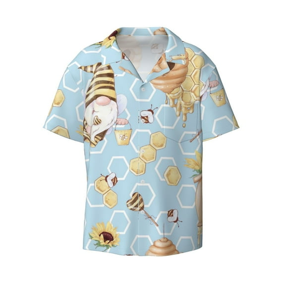 Disketp Men's Hawaiian Cute Gnome Bee Collects Honey Print Shirts Button Down Holiday Beach Shirts-XX-Large