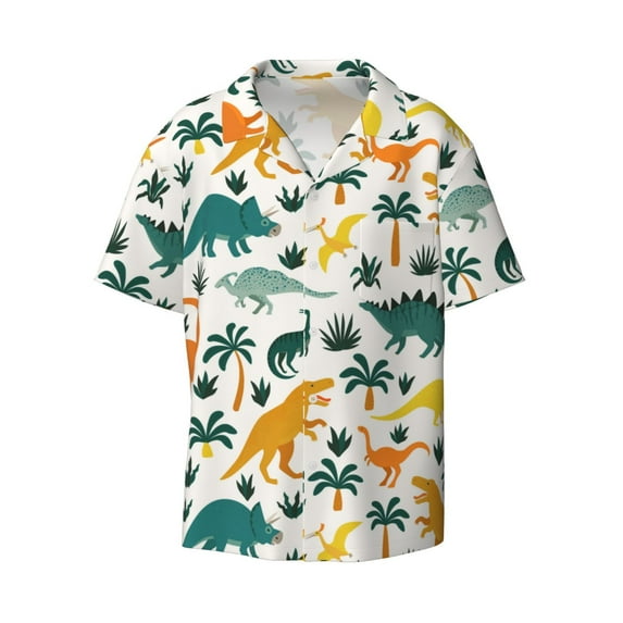 Disketp Men's Hawaiian Dinosaurs and Tropical Leaves Print Shirts Button Down Holiday Beach Shirts-3X-Large