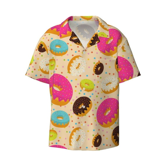 Disketp Men's Hawaiian Donuts Print Shirts Button Down Holiday Beach Shirts-Small