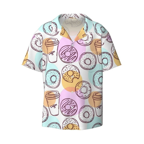 Disketp Men's Hawaiian Donuts and Coffee Print Shirts Button Down Holiday Beach Shirts-X-Large