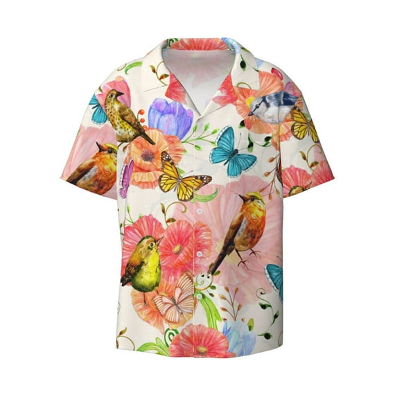 Disketp Men's Hawaiian Flowers And Birds Watercolor Print Shirts Button Down Holiday Beach Shirts-3X-Large