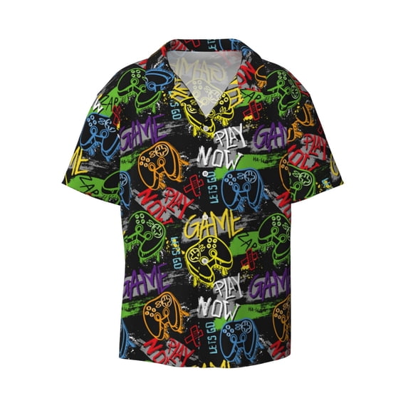 Disketp Men's Hawaiian Game Joysticks Print Shirts Button Down Holiday Beach Shirts-Medium