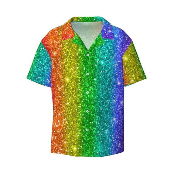 Disketp Men's Hawaiian Glitter Rainbow Print Shirts Button Down Holiday Beach Shirts-3X-Large