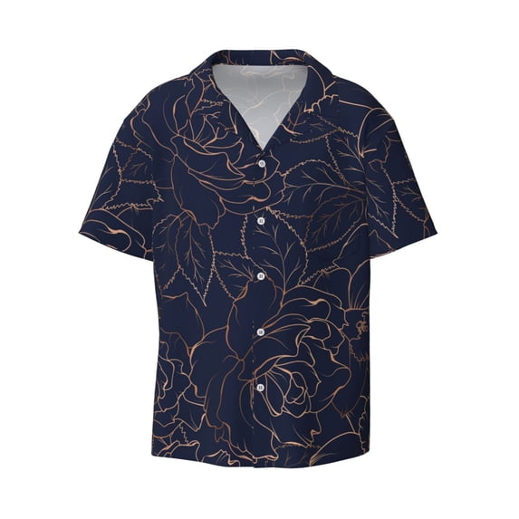 Disketp Men's Hawaiian Navy Dark Blue Print Shirts Button Down Holiday Beach Shirts-Large