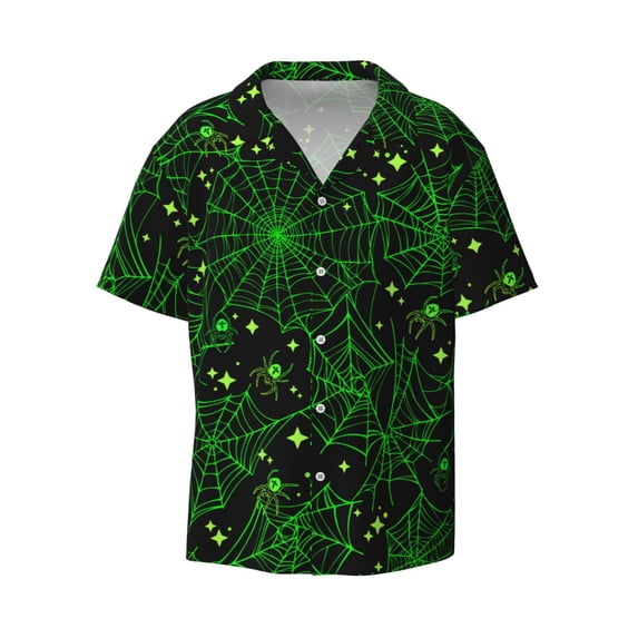 Disketp Men's Hawaiian Green Bright Web with Spiders Print Shirts Button Down Holiday Beach Shirts-Large