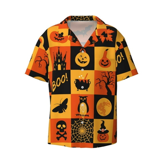Disketp Men's Hawaiian Halloween Banner Symbols Print Shirts Button Down Holiday Beach Shirts-4X-Large