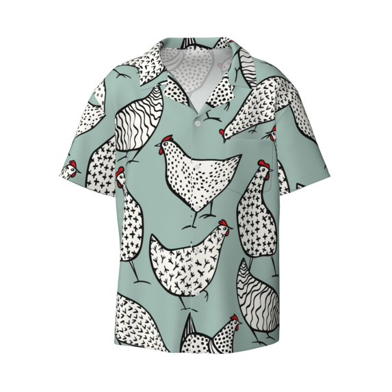 Disketp Men's Hawaiian Hand Drawn Chickens Print Shirts Button Down Holiday Beach Shirts-Large