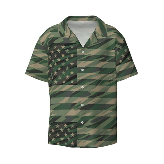 Disketp Men's Hawaiian Jungle Green Camo USA Flag Print Shirts Button Down Holiday Beach Shirts-Large
