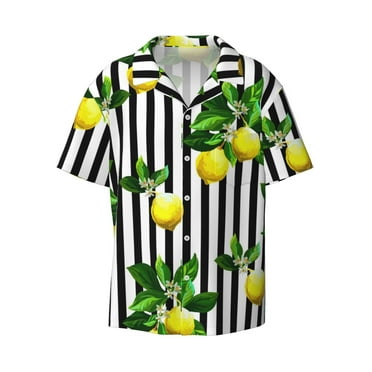 Disketp Men's Hawaiian Lemons on Striped Print Shirts Button Down Holiday Beach Shirts-Small